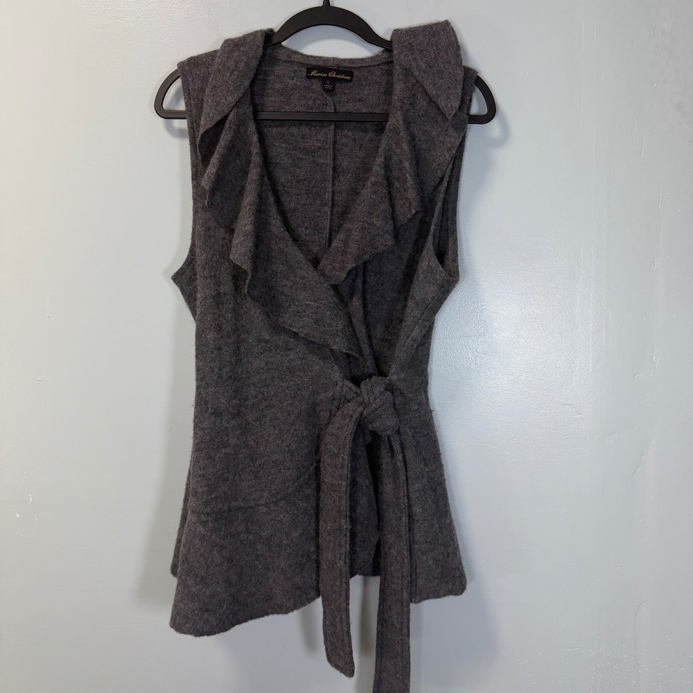 Marisa Christina 100% Wool Ruffle Wrap Vest Gray Large
